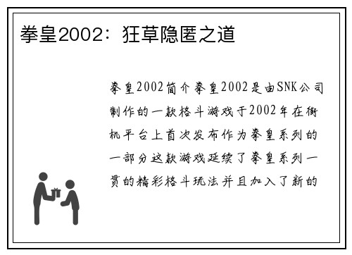 拳皇2002：狂草隐匿之道